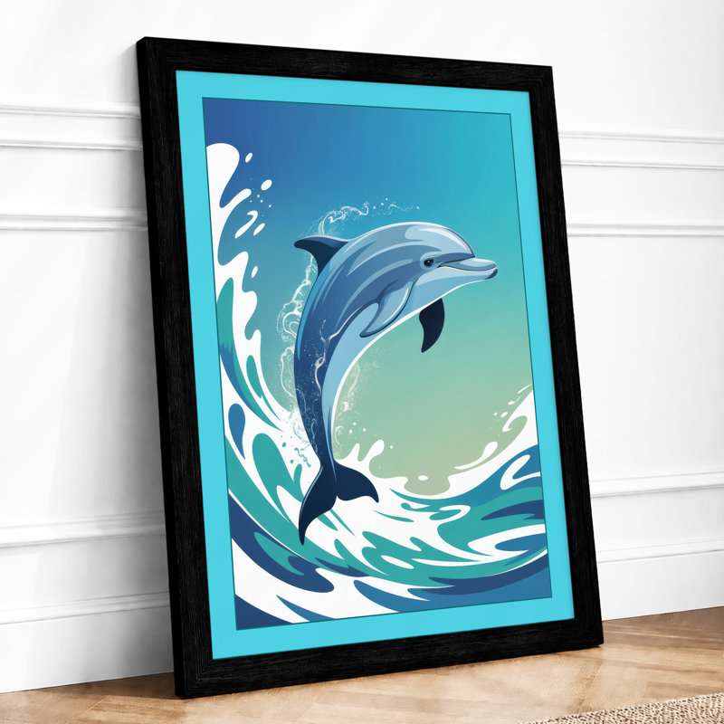 Leaping Dolphin Coastal - Framed Print, A2 - 59.4 x 42.0 cm, Black
