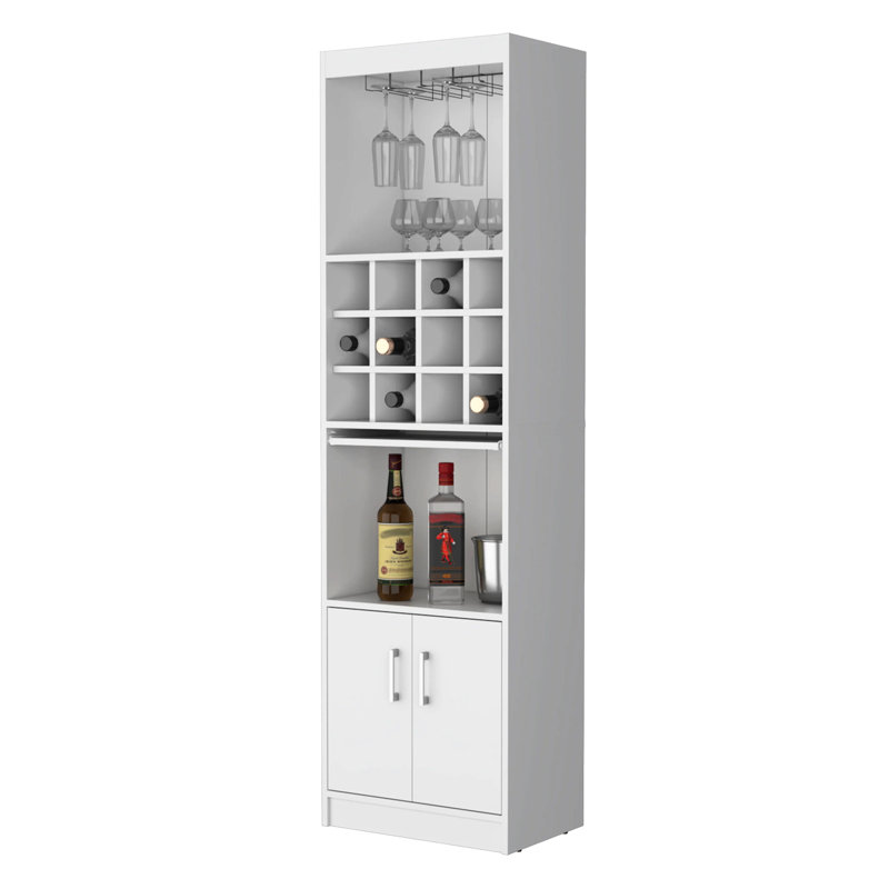 Bar blanc avec espace de rangement pour le vin - armoire de 71,1 po de hauteur, 2 portes, 15 tablettes pour organiser les boissons de 71,1 po de hauteur, tablettes, bois d'ingénierie