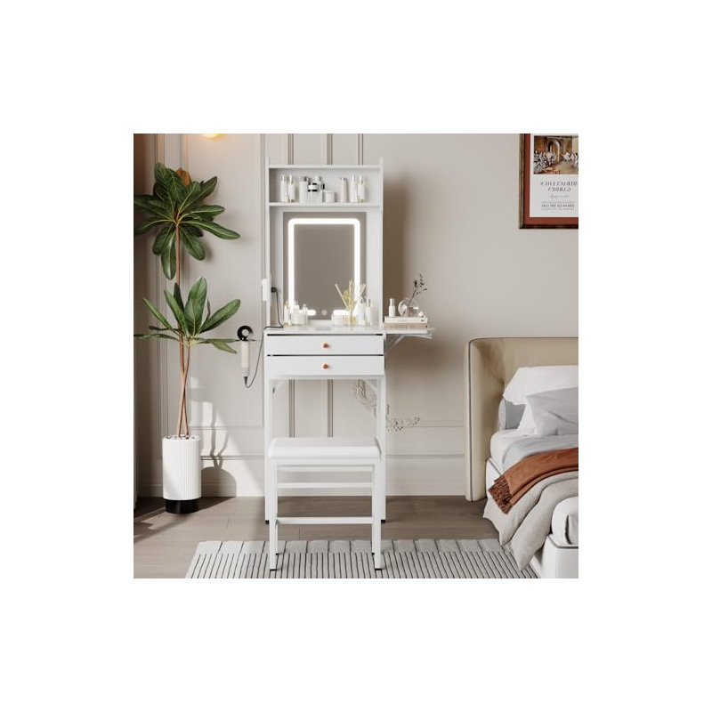 Small Makeup Vanity Desk with Mirror and Lights, Compact Vanity Table with Adjustable Tri-Color LED, 2 Drawers, Hair Dryer Holder