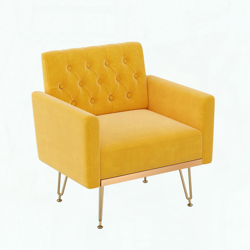 Fauteuil en velours capitonné avec pieds en métal doré - Moutarde, Orange, jaune
