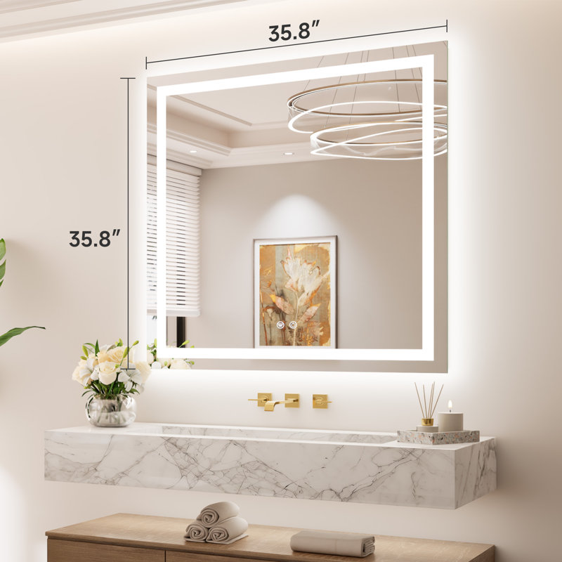 Front & Back LED Lighted Tempered Glass Dimmable Anti Fog Bathroom Vanity Mirror, 36" x 36"