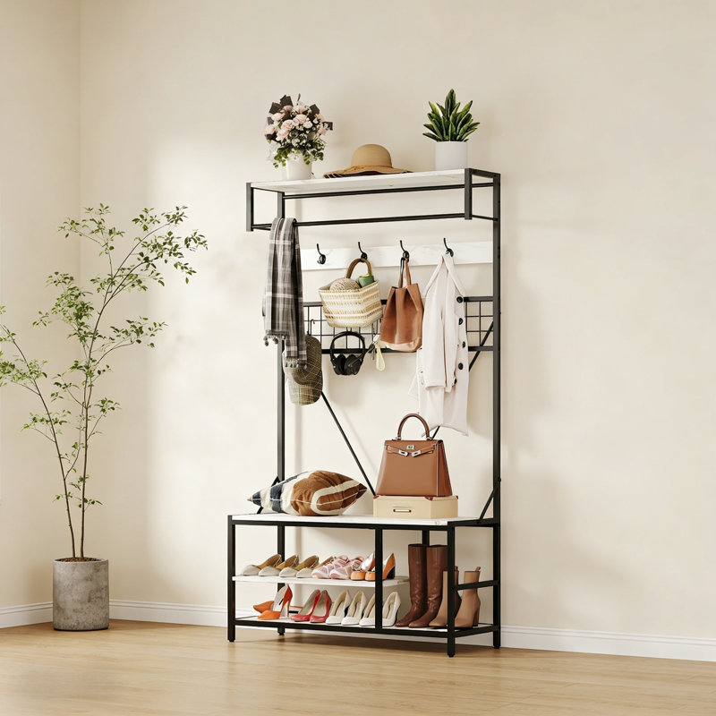 5-In-1 Hall Tree With Bench And Shoe Storage, Coat Rack With Shoe Bench, Adjustable Shelf, Hanging Rod And 9 Hooks, Entryway Coat And Shoe Rack For Hallway, Mudroom, Bedroom, Charred Wood Finish