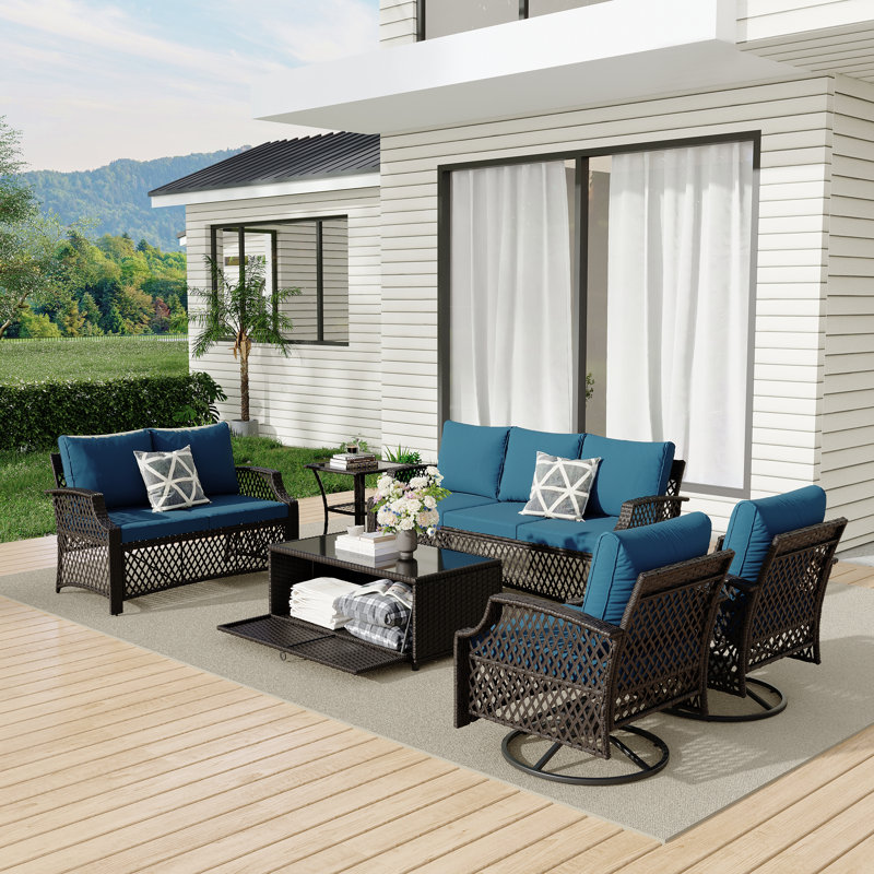 6 Piece Patio Furniture Set, Wicker Outdoor Conversation Sofa Set With Swivel Chairs, Loveseat, Storage Coffee Table