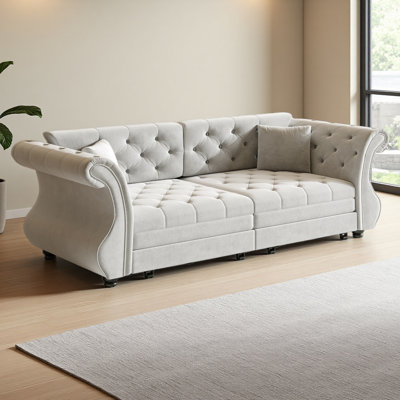 83.8" Oversized Chesterfield Pull Out Sofa Bed, Classic Roll Arm Velvet Couch With Flower Tufting, Upholstery For Living Room/Bedroom/Apartment