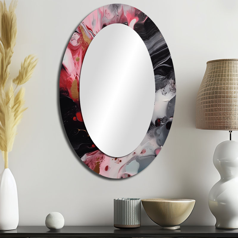 Red And Black Marble Whispers IV - Red Modern Oval Wall Mirror, 36" x 24"
