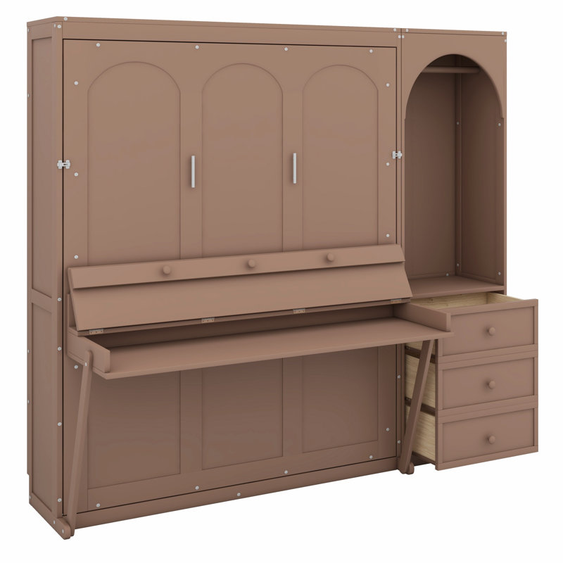 Lit escamotable fonctionnel avec 3 tiroirs, tablette, lumière DEL et tringle pour garde-robe, Brun
