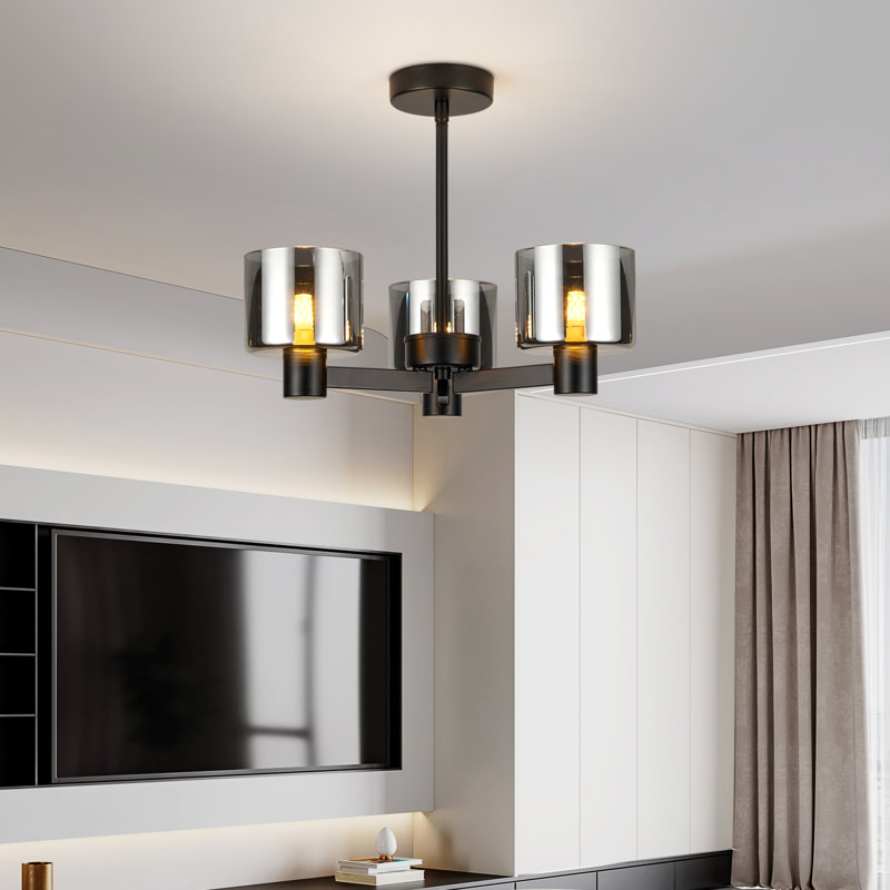 Glass Semi Flush Mount, 3 Lights, Grey, Matte Black