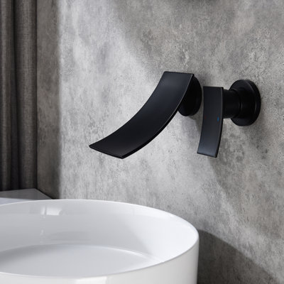 Matte Black Wall Mounted Bathroom Faucet, Brass Fabricated With Vast Arc Waterfall Spout And Accurate Control Valve For A Smooth Supply Mount Widespread Faucet In Black, Manufactured Expansive Exact