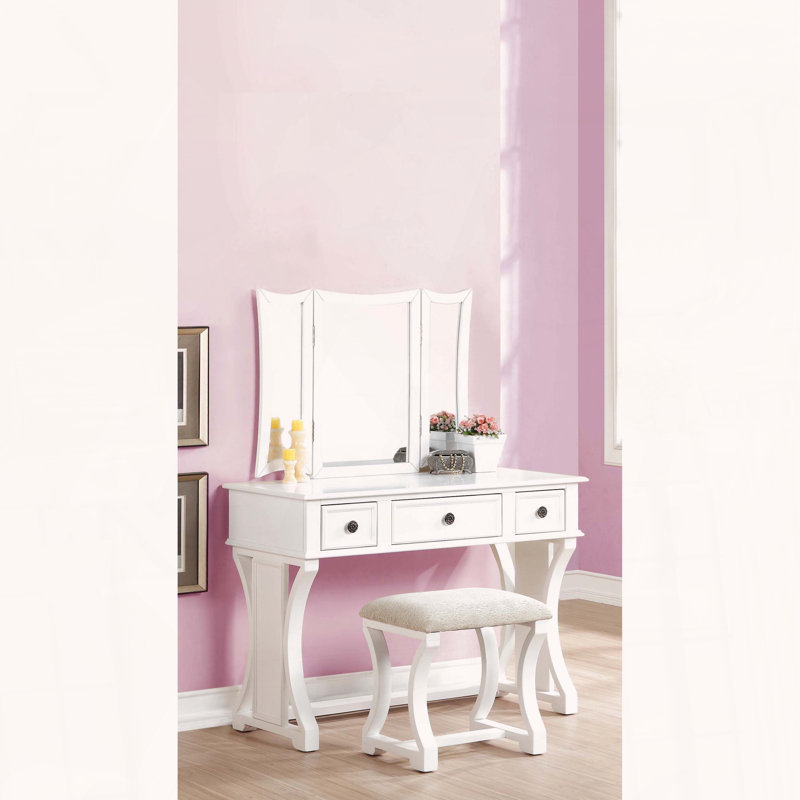Ensemble de coiffeuse unique avec miroir pliable et tabouret rembourré Unique, Blanc