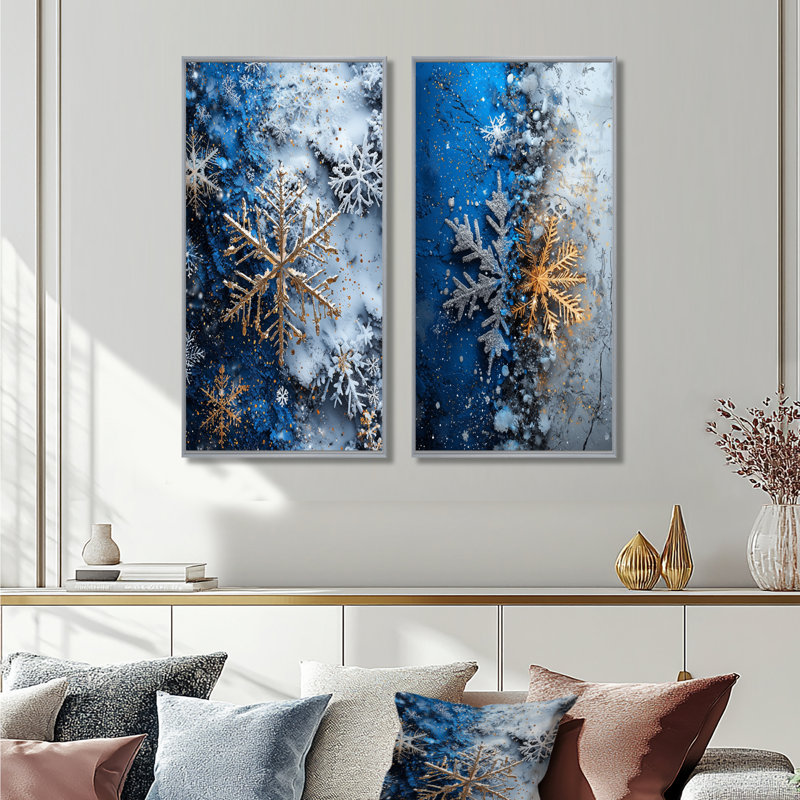 «Blue Christmas Snowflake Beauty I», ensemble d'art mural de Noël 2 pièces, H 40 po x l 40 po, Encadrement argenté