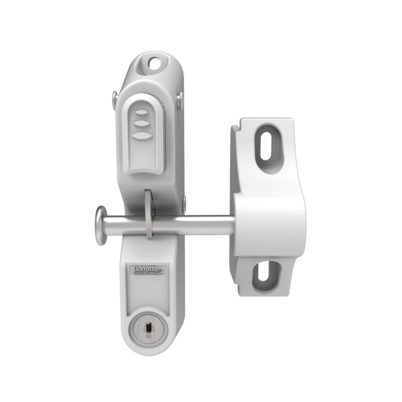 Locking Gravity Latch with Two-Sided Key Entry and Push Button, White