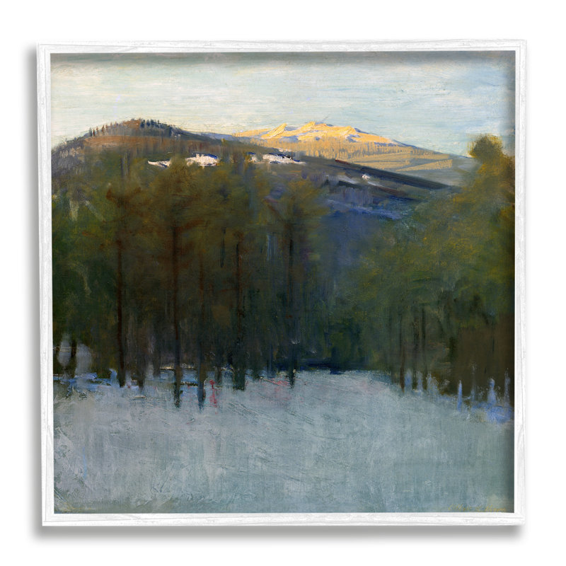 Paysage de montagne d'hiver sur bois, H 17 po x l 17 po x P 1,5 po, Giclée encadrée blanc bord de mer