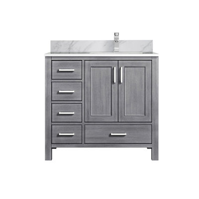 36 po Grand meuble-lavabo gris vieilli avec comptoir en marbre décalé à droite, robinet, tiroir à fermeture en douceur et capacité de rangement avec dessus de salle de bain x P 22 po, robinet, dispositif, disposition