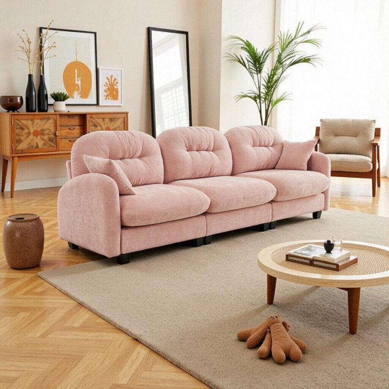 Canapé modulaire élégant à trois places rose - Tissu chenille doux, conception plissée matelassée, confort ergonomique pour le salon et la chambre à coucher
