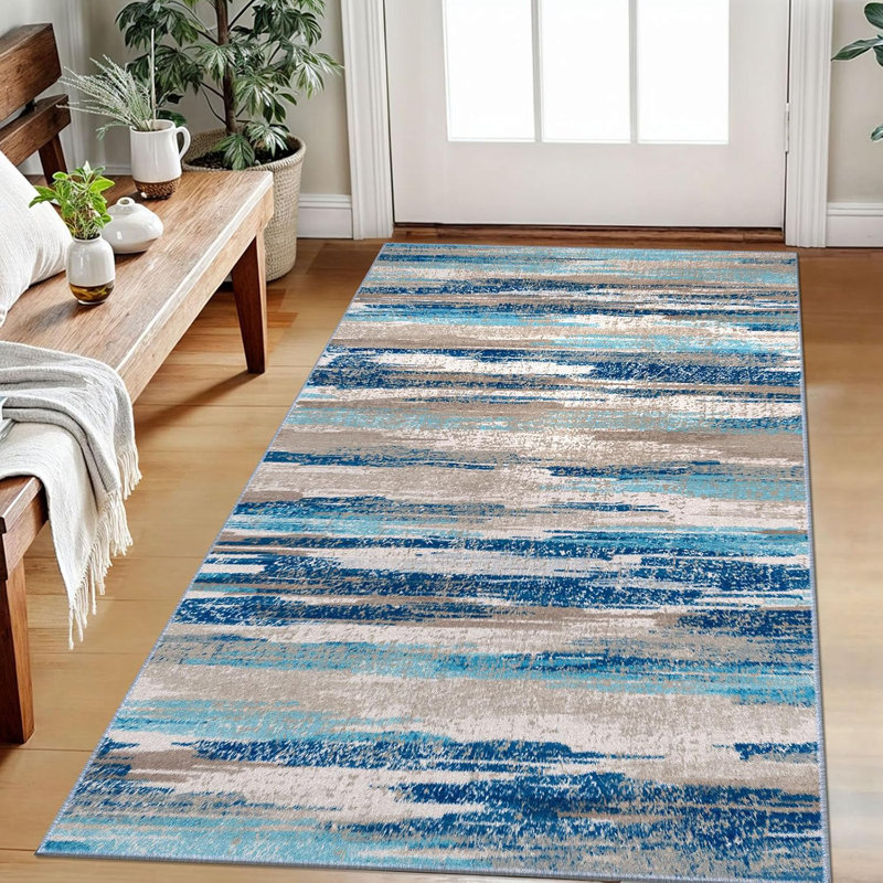 Tapis lavable antidérapant avec envers en caoutchouc pour la chambre à coucher du salon, Bleu / beige / brun