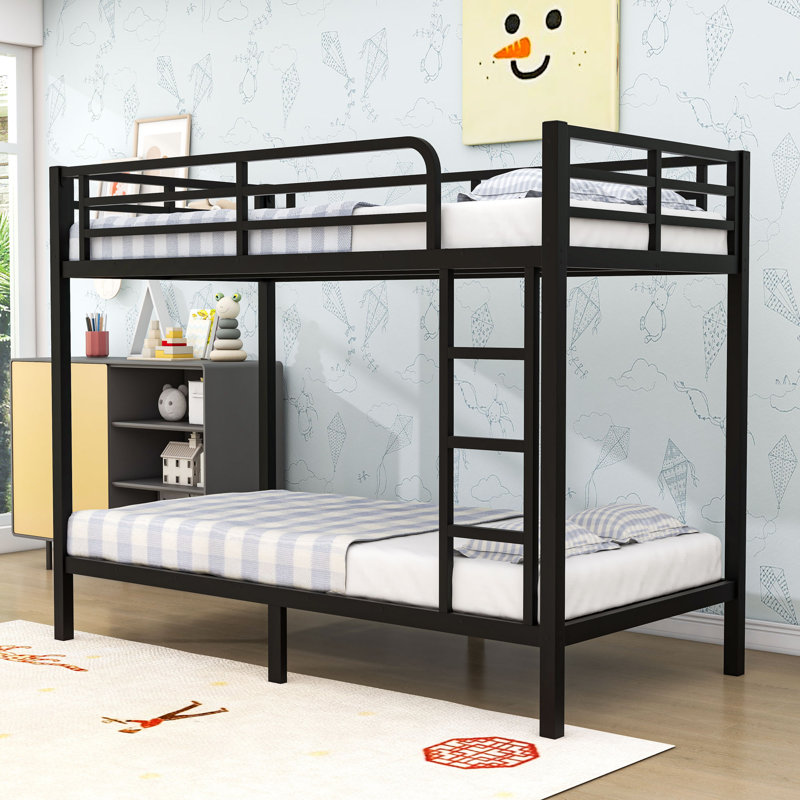 Full XL Over Full XL Metal Bunk Bed With Guardrails And Ladder, Black, Twin XL Over Twin XL