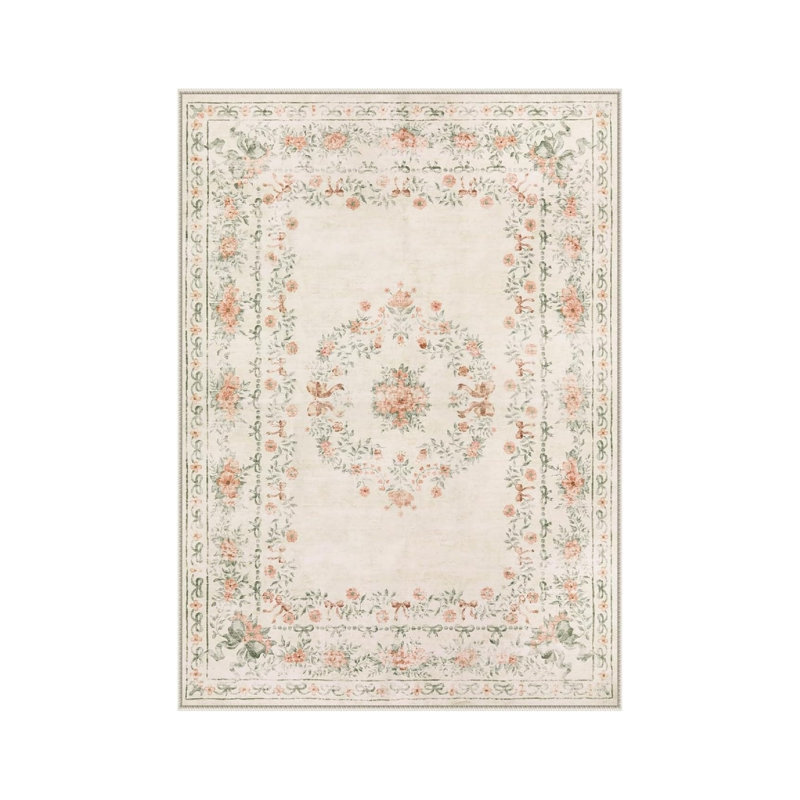 French Floral Area Rug 5 × 7 Ft for Bedroom, Cream Pink