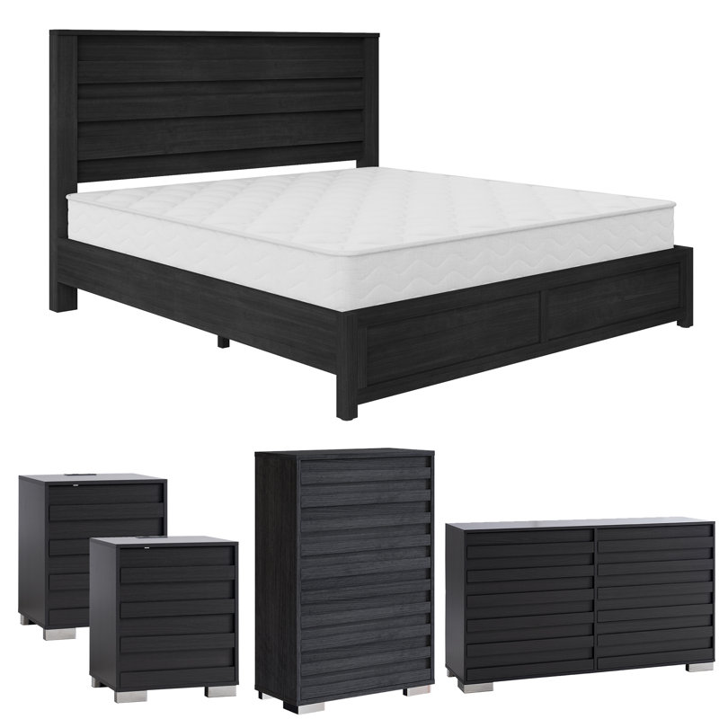  Louby 5 Pieces Farmhouse Queen Bedroom Set, Black, Black, Queen