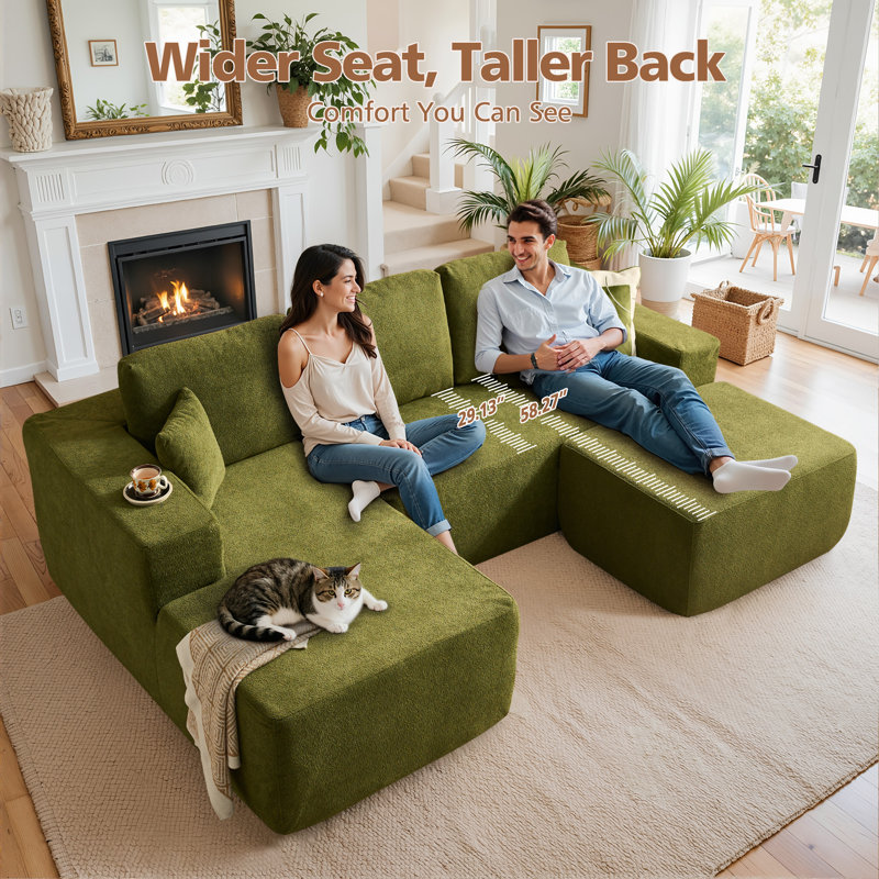 Boneless 106.3" Boneless Floor L-Shaped Sectional Sofa With Ottoman, No-Assembly Cloud Couch For Modern Living Spaces