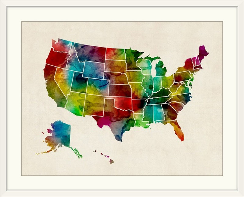 «United States Watercolor Map» par Francy, impression d'art graphique, H 27 po x l 36 po x P 1,5 po, Toile