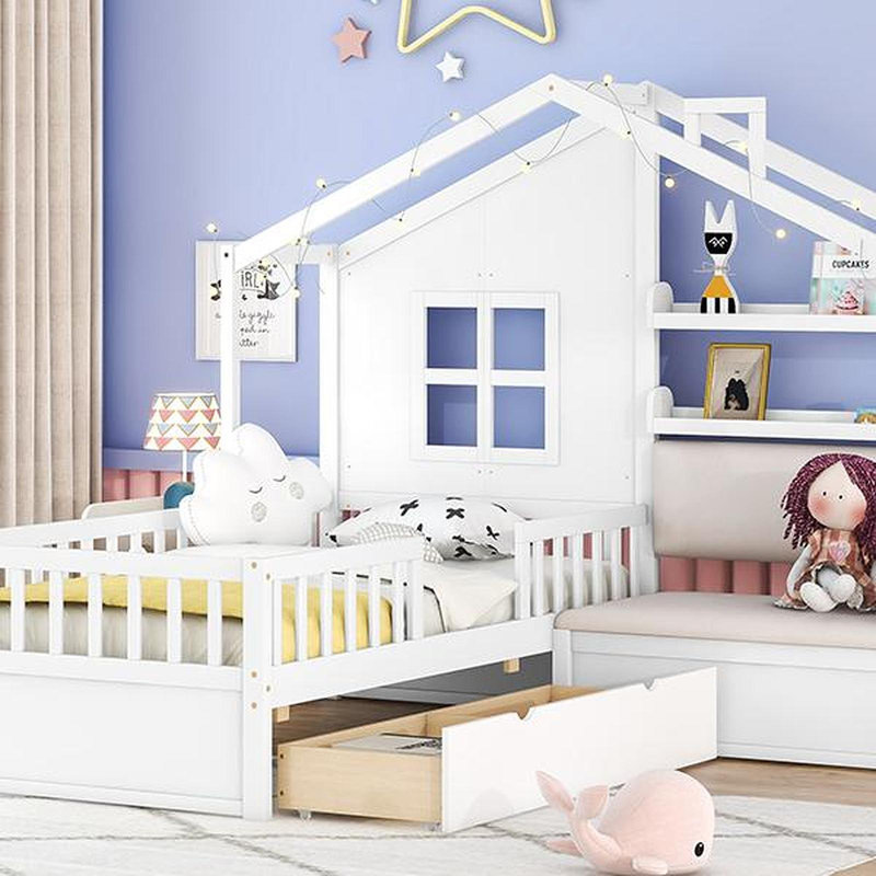 Lit simple avec canapé, lit plateforme pour enfants avec deux tiroirs et tablette de rangement