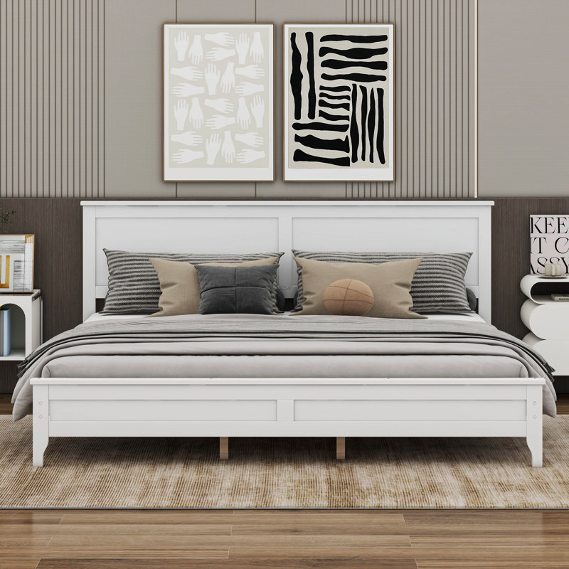 Modern Solid Wood Platform Bed, White, King