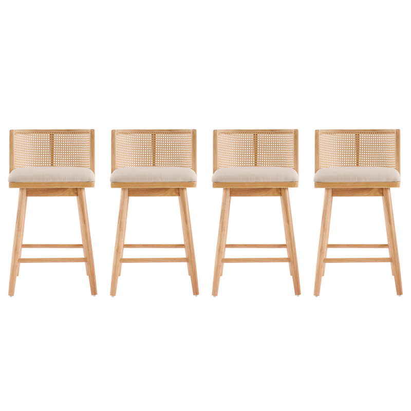 Marion 26.50" Seat Height Rubberwood Counter Stools with Rattan Backrest, Natural Wood, 4