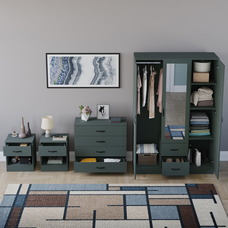 Tayce 4 Piece Bedroom Set (1 Drawer Bedside Chest X2, 4 Drawer Chest, 3 Door 2 Drawer Mirrored Wardrobe), Green