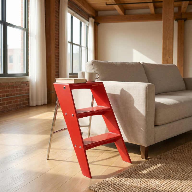 Escabeau pliant multifonctionnel 2 en 1 et tabouret de bar, échelle antidérapante à 3 marches avec rangement à 3 niveaux, polyvalent pour l'escalade, les sièges et le rangement dans la cuisine, le bar maison, rouge