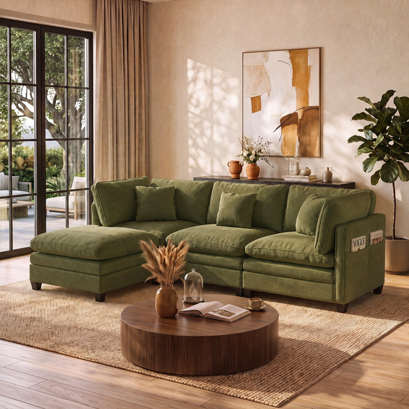 Canapé modulaire en chenille en L de 105 po de largeur avec repose-pieds, support de coussin double couche, canapé rembourré moderne pour le salon