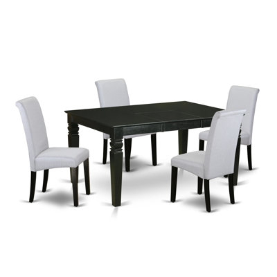 5 Piece Modern Dining Table Set Includes a Rectangle Wooden Table with Butterfly Leaf and 4 Grey Linen Fabric Parsons Dining Chairs, Black