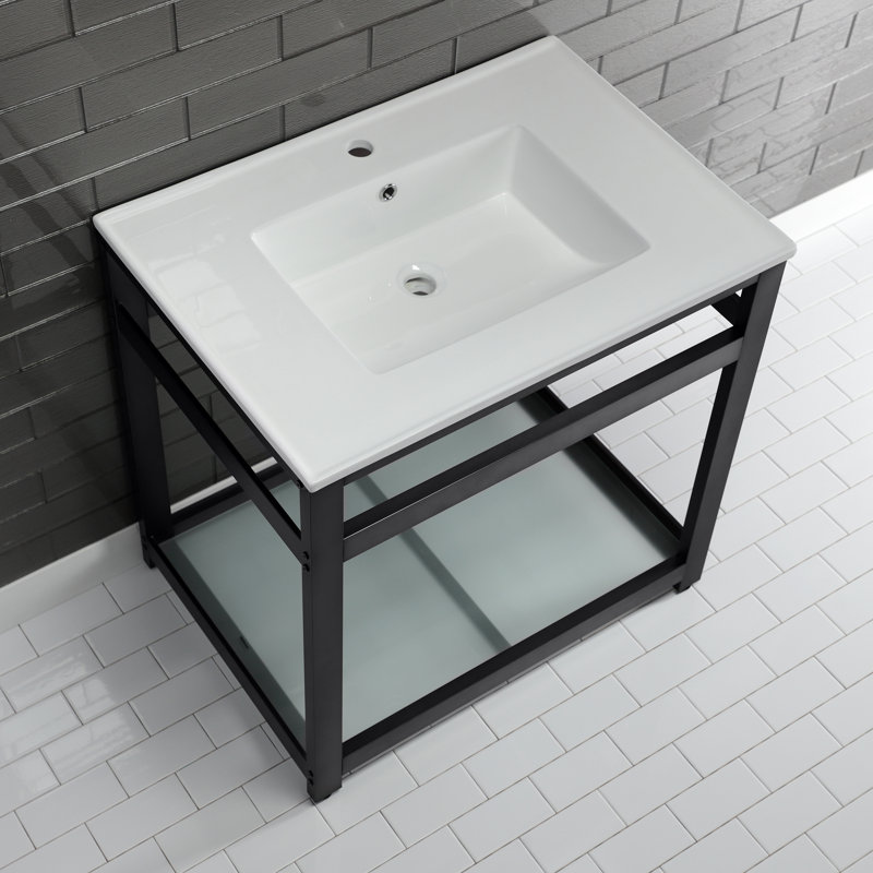 Kingston Brass Quadras 31-Inch Ceramic Console Sink with Steel Base and Glass Shelf, White/Matte Black, Single