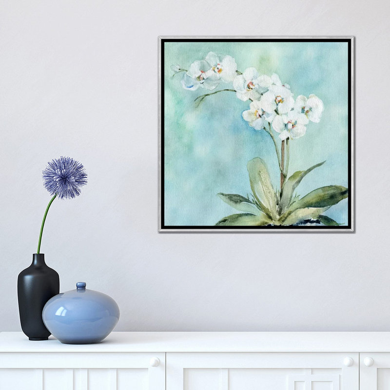 Orchidée ensoleillée par Carol Robinson-impression, Pas de tapis, H 18 po x l 18 po x 1,5 po, Toile avec cadre argenté