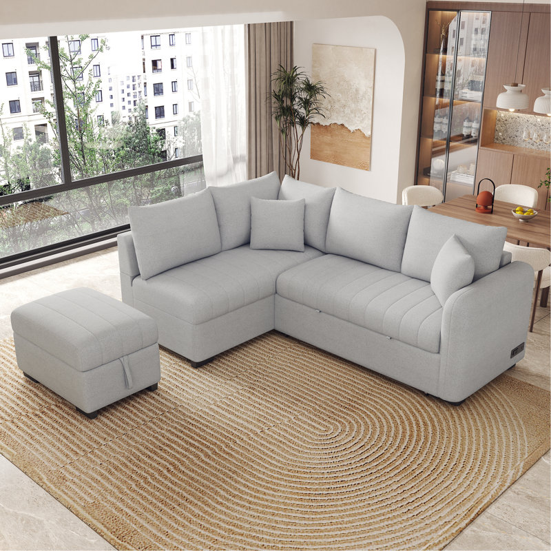 Canapé-lit modulaire en forme de L de 82,6 po avec deux ports USB, Tissu gris