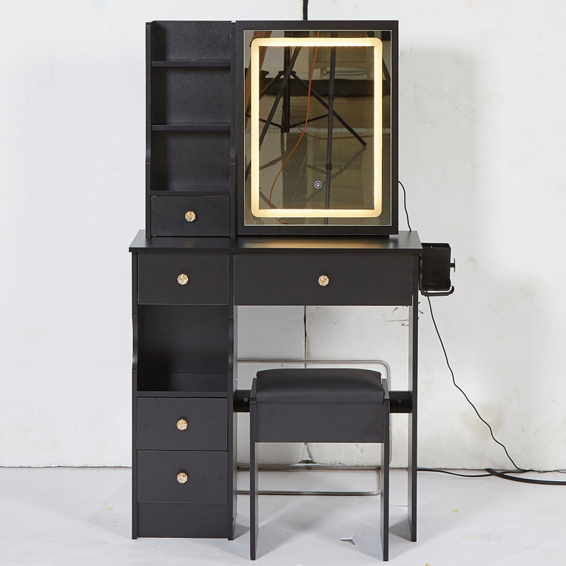 29.2" Small Size Left Drawer Desktop Vanity Table + Cushioned Stool