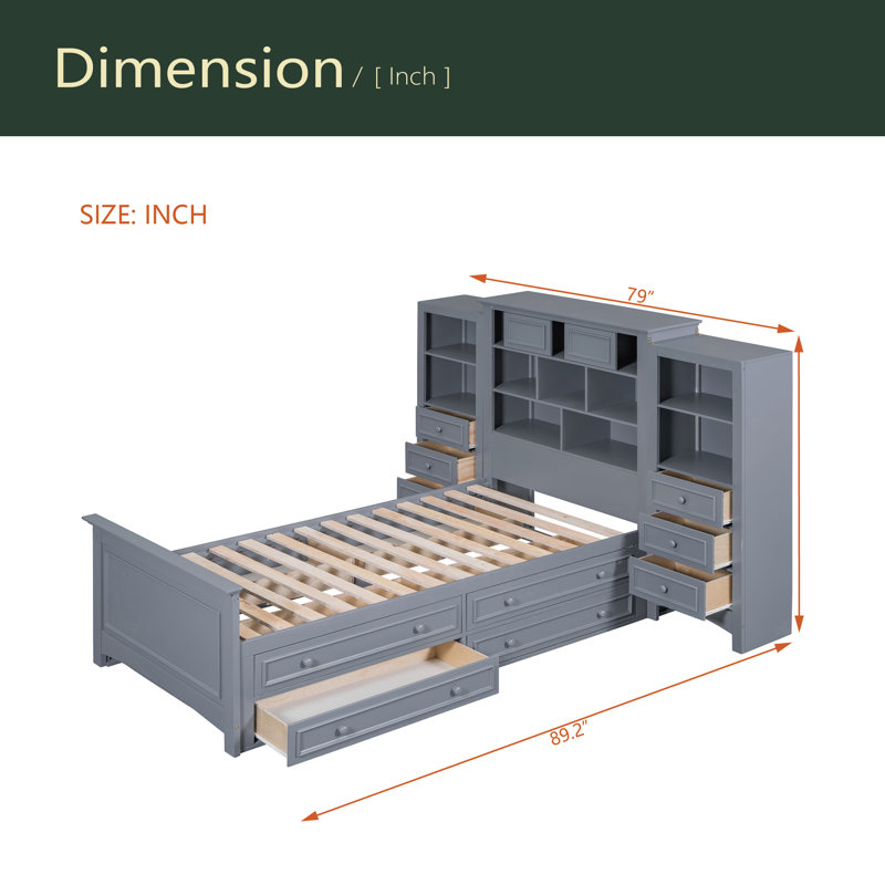 Lit plateforme en bois avec tiroirs et compartiments de rangement, Gris