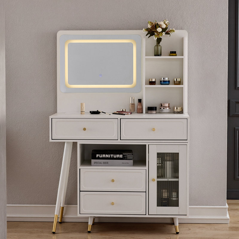 59" Modern Retractable Vanity Desk with LED Mirror | 3-Color Lights, Adjustable Cabinet, Built-in Power Strip, Fluted Glass Door, Compact Glam