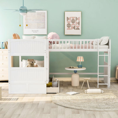 Lit superposé simple blanc avec mezzanine et options de rangement - répond à divers besoins de tiroirs, ajout pratique