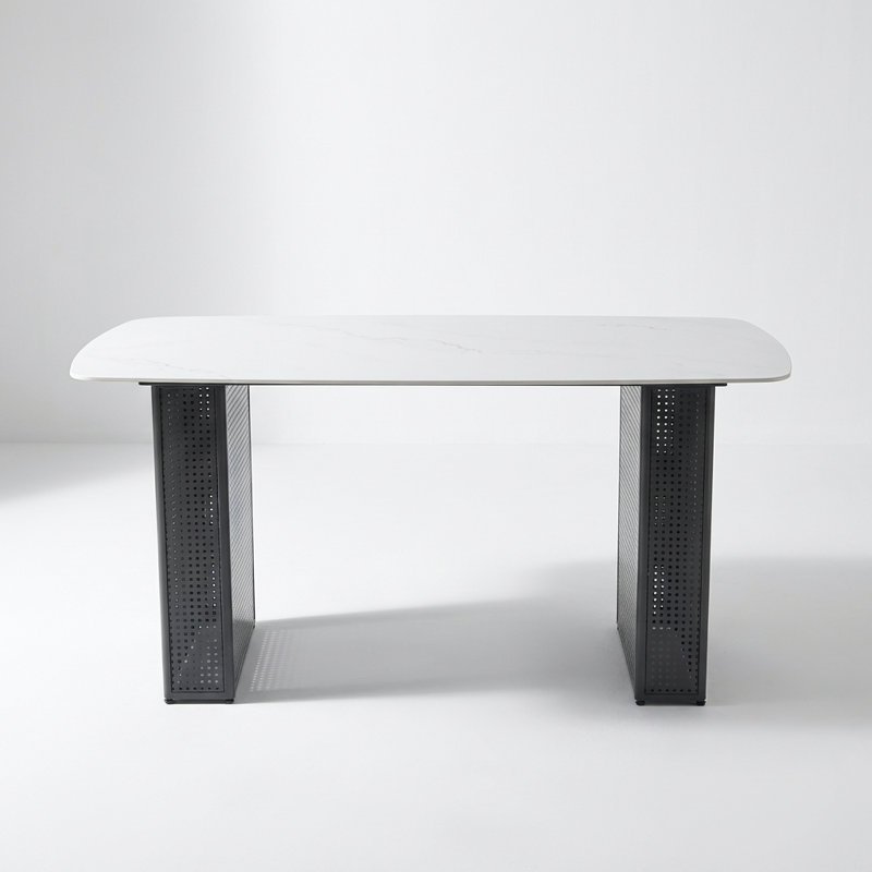 Modern Rectangular Tempered Glass Dining Table, Marble-Patterned Design With Dual-Pedestal Metal Base, Ideal For Dining Room & Home Office