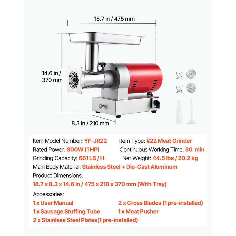 Electric Meat Grinder, 661 Lbs/Hour800 W Meat Grinder Machine, 1.5 HP Electric Meat Mincer with 2 Grinding Plates, Sausage Kit Set Meat Grinder Heavy-Duty, Home Kitchen & Commercial Use Red