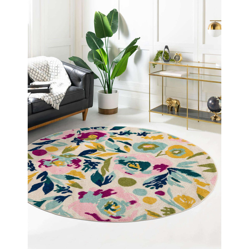 Holle Floral Area Rug, Round 5'3", White/Navy Blue/Yellow