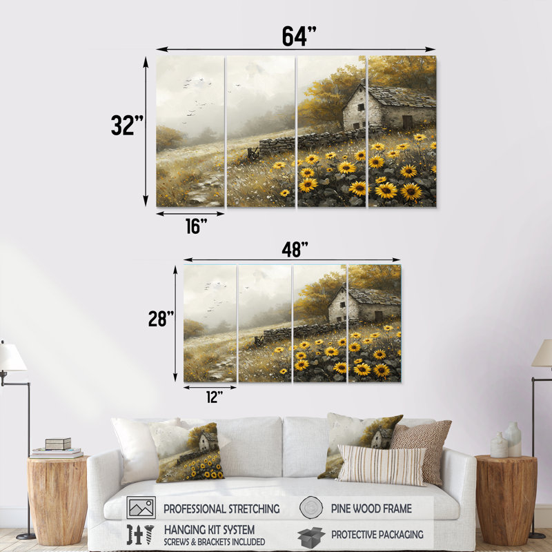 Dobrica - Art mural tournesols - Décoration murale traditionnelle, H 28 po x l 48 po, 4