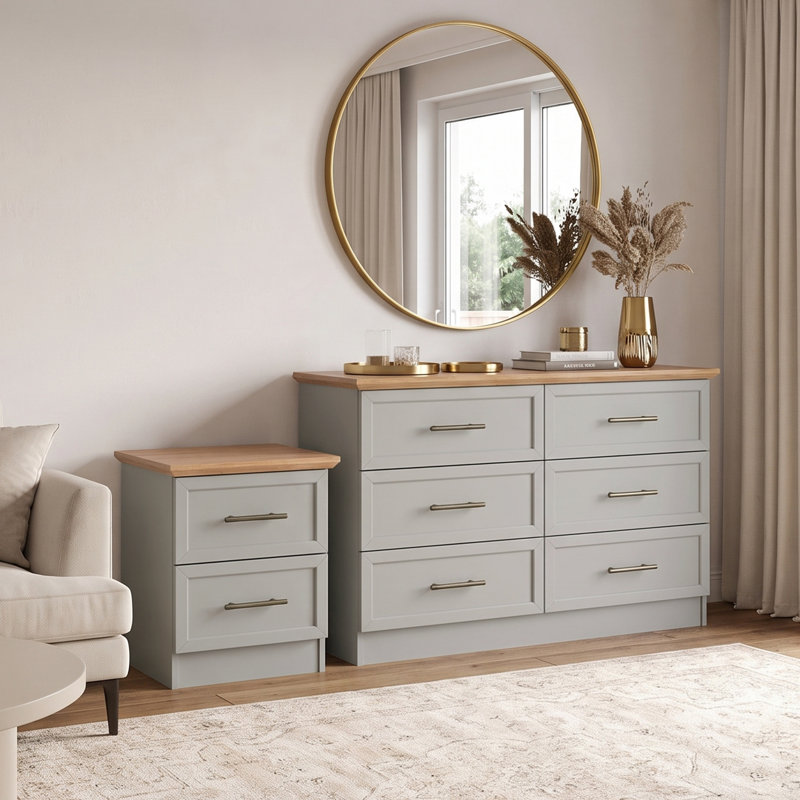 Cleverton Bedside Table And 6 Drawer Chest Bedroom Set, Light Grey