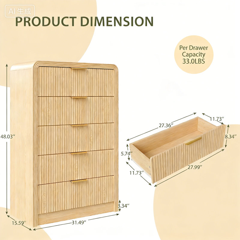 5-Drawer Fluted Dresser, 48'' H Modern Chest With Rounded Edges And Metal Handles, Natural Oak, Oak