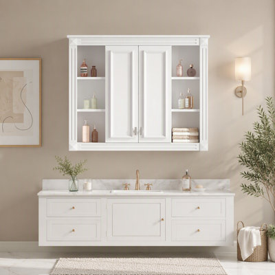 Armoire de rangement murale pour salle de bain avec charnières à fermeture douce, portes battantes et 1 tablette réglable.