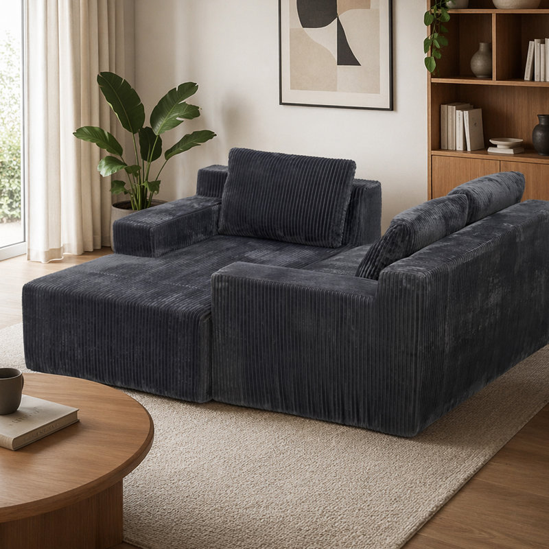 Canapé modulaire en forme de L Corduroy, ensemble de canapé de plancher de luxe, meubles d'intérieur rembourrés, canapé compressé rembourré de mousse pour le salon, la chambre à coucher, GRIS, FACE À GAUCHE