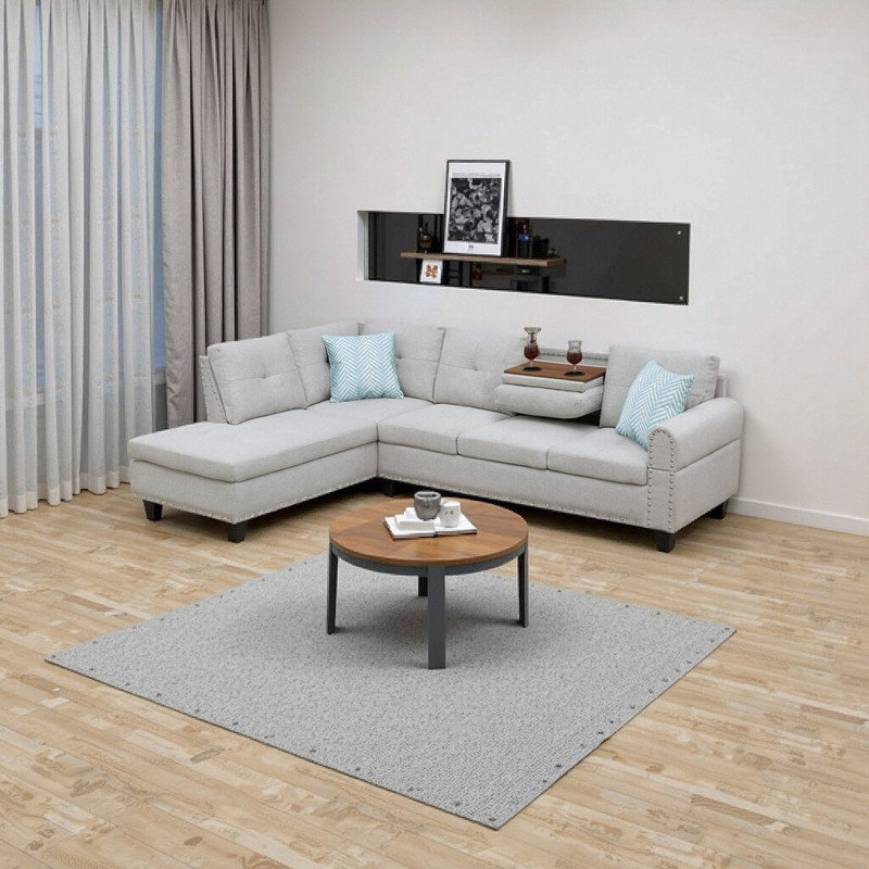 Canapé modulaire en L à 4 places avec console escamotable et rangement pour repose-pieds, Gris clair