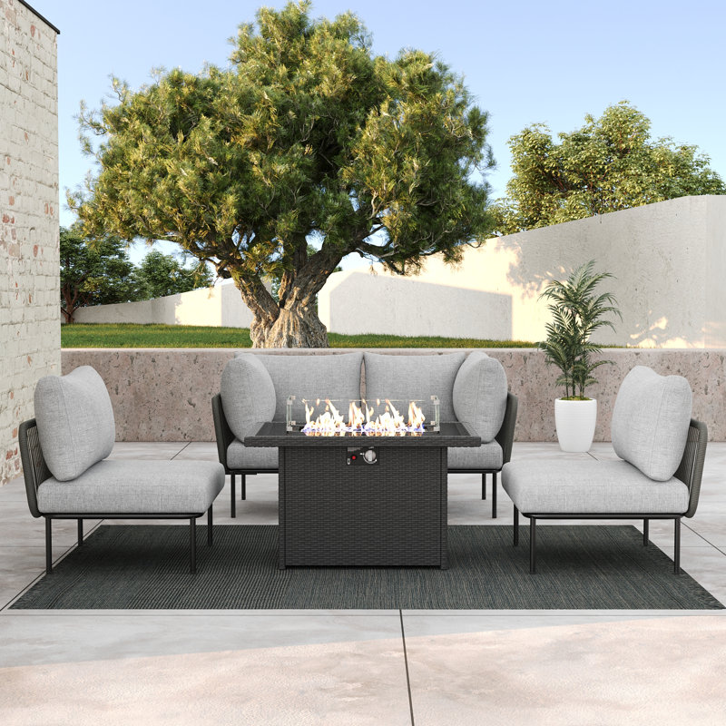 Outdoor Patio Woven Rope Wicker Modular 5 Pieces Sectional Set With Fire Pit Table And Cushions, Light Gray