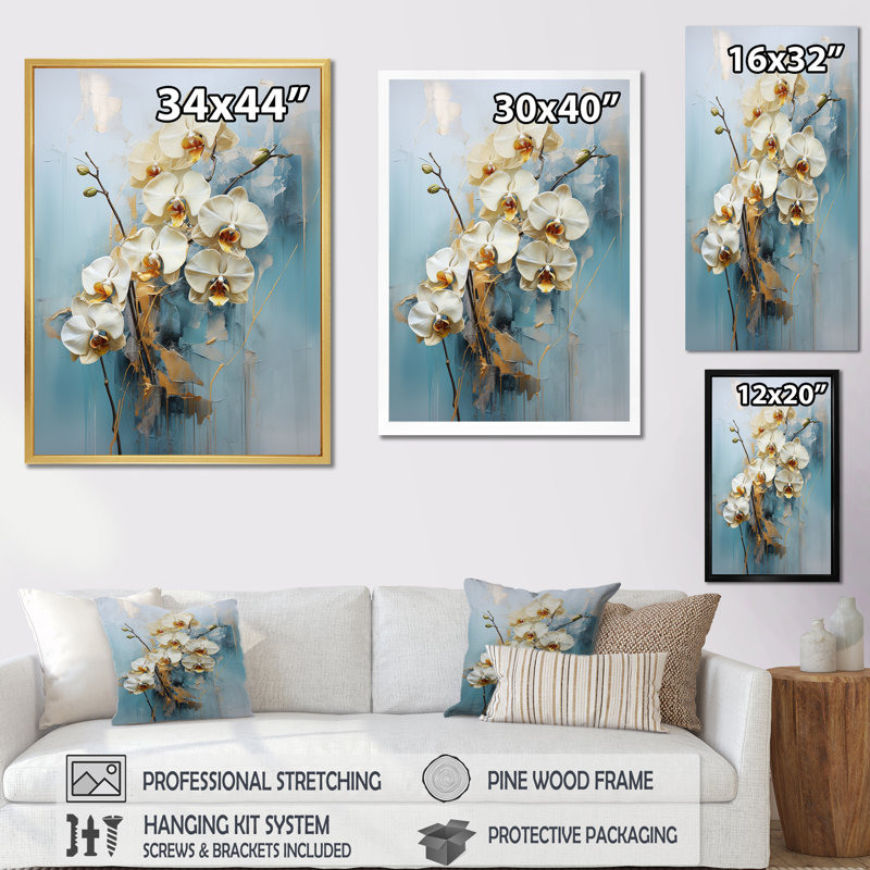 Orchidée bleue et bleue sur toile, Cadre naturel flottant, H 44 po x l 34 po