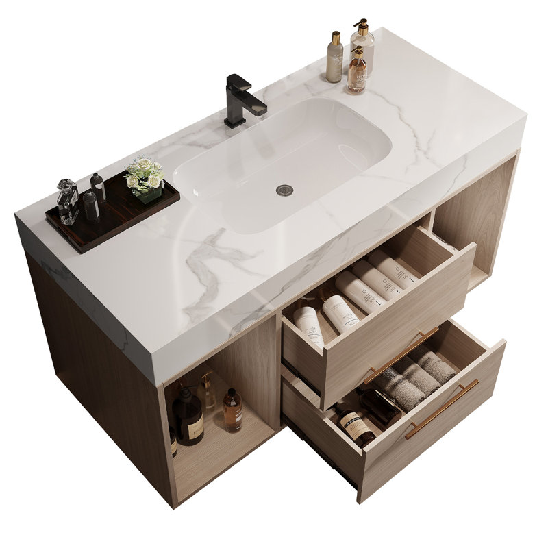 39.4"W Bathroom Vanity With Ceramic Sink ?2 Drawers And 2 Storage Spaces, Light Oak